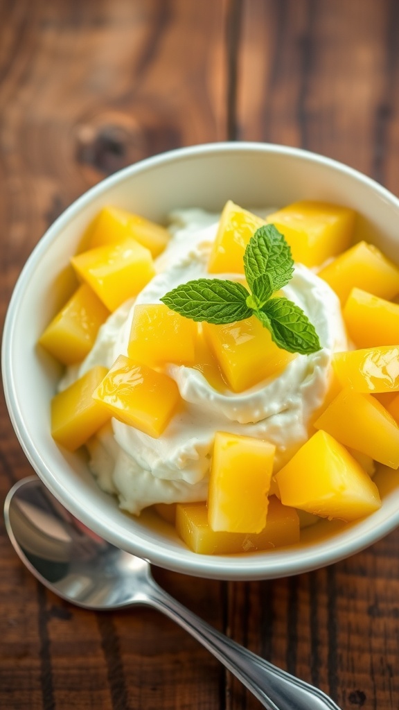 Refreshing Cottage Cheese and Pineapple Snack Bowl A bowl of cottage cheese with pineapple chunks and mint leaves on a wooden table.